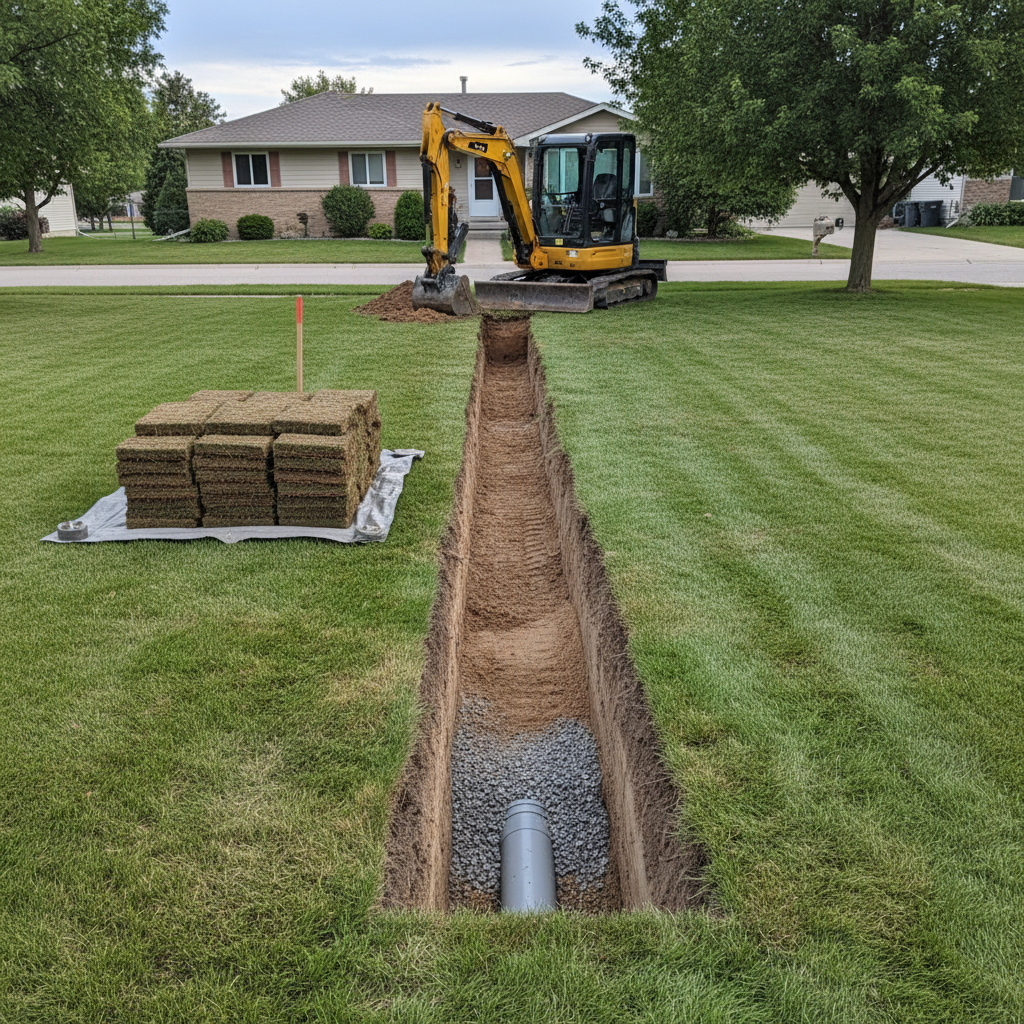 A clean, neatly shored utility trench running straight across a suburban Missoula front yard, exposing tidy layers of soil and carefully placed pipe at the bottom. Compact, modern mini-excavation equipment is parked just beyond the trench, its tracks leaving crisp impressions in the ground. The lawn edges are cut cleanly, with removed sod stacked in an orderly pile ready for repair. Soft afternoon light under high clouds creates gentle, natural shadows that highlight textures without drama. Photographic realism, captured from a slightly elevated angle looking along the trench, with sharp focus throughout. The mood is orderly and competent, emphasizing careful utility excavation and yard protection in a real-world residential environment.