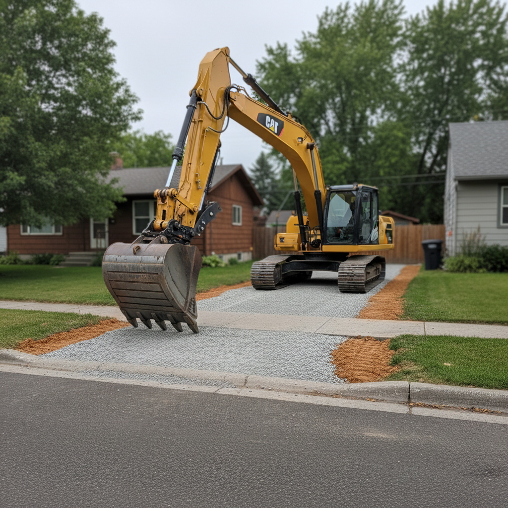 A heavy-duty yellow excavator with a clean, well-maintained bucket paused mid-dig in a residential driveway approach outside a Missoula, Montana home. Freshly graded gravel forms a smooth approach to the street, with compacted sub-base clearly visible along the edges. Early morning overcast light creates even, diffused illumination, minimizing harsh shadows and emphasizing the texture of soil, gravel, and concrete curb. The surrounding yards show mature trees and modest homes in the background, softly blurred. Photographic realism, eye-level composition with a slight wide-angle lens, sharp focus on the excavator and driveway, conveying a professional, reliable atmosphere and the precision of small-scale excavation work in a real neighborhood setting, avoiding any staged or stock look.