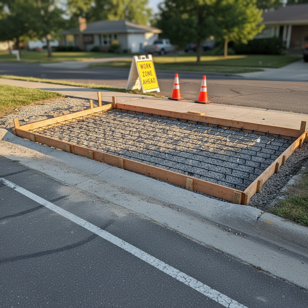 An in-progress driveway approach reconstruction at the edge of a Missoula street, showing a precisely formed and reinforced section ready for concrete. Smooth wooden forms define the curve from sidewalk to street, with rebar grid neatly tied and supported above a dense, compacted gravel base. The existing asphalt road and concrete curb frame the scene, with traffic cones and a clearly marked work zone providing context without clutter. Late afternoon side lighting casts clean, directional shadows from the rebar, emphasizing straight lines and craftsmanship. Photographic realism, slightly elevated three-quarter view, with sharp detail on the approach and softer focus toward distant houses and trees. The mood is professional and detail-oriented, illustrating the critical transition between private driveways and public roadway.