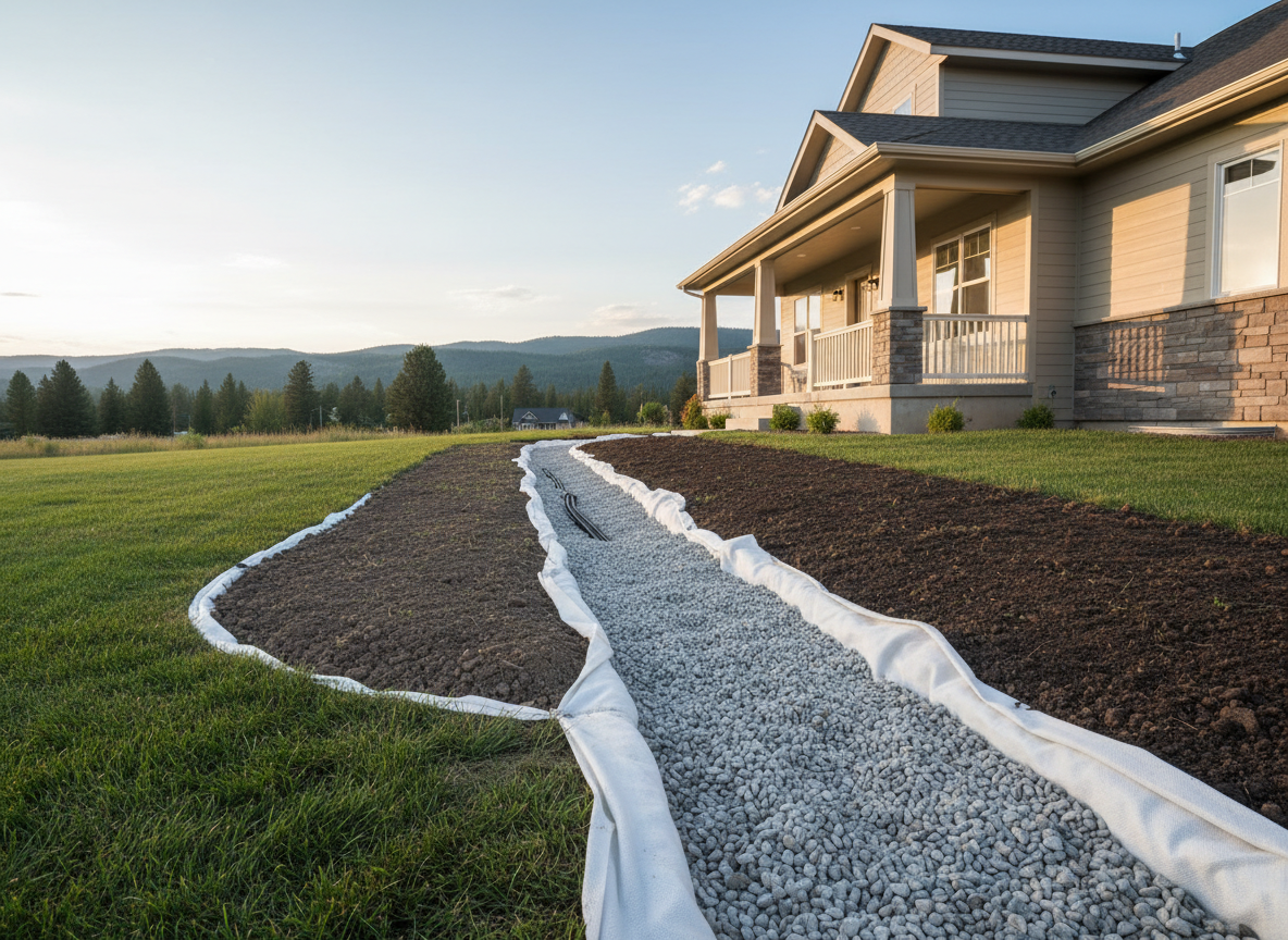A newly installed drainage solution beside a Missoula home: a precise gravel-filled French drain with dark perforated pipe, clean geotextile fabric edges, and fresh topsoil ready for reseeding. The system follows the gentle slope of the yard away from the foundation, with a subtle swale directing water. In the distance, low forested hills characteristic of western Montana form a soft backdrop. Late afternoon golden light grazes across the ground, emphasizing the contours of the drainage path and the contrast between gravel, soil, and turf. Photographic realism, shot from a low angle along the line of the drain, using rule-of-thirds composition. The atmosphere feels practical and reassuring, showing long-term yard protection through professional drainage work.
