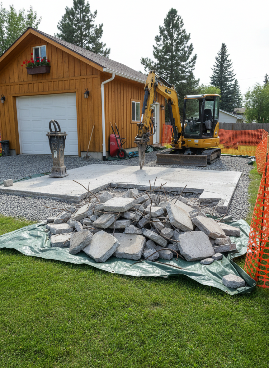 A small, controlled demolition scene where a deteriorated concrete pad is being broken up beside a Missoula garage. Chunks of cracked concrete with visible rebar lie in an organized pile on a compacted gravel base, while a hydraulic breaker attachment rests on a compact excavator nearby. Dust is minimal, with edges of the demolition area clearly defined and protected from the adjacent yard. Bright but diffused midday light evenly illuminates the textures of broken concrete, gravel, and surrounding lawn. Photographic realism, eye-level composition with sharp focus, conveying a sense of careful, simple demolition rather than chaos. The atmosphere is practical and methodical, emphasizing safe, small-scale removal work in a residential context.
