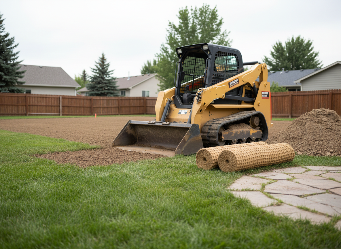 A compact skid-steer with a smooth bucket meticulously restoring a rutted Missoula backyard after utility excavation. The scene shows freshly leveled topsoil transitioning into existing grass, with subtle grading directing water away from a small patio. A nearby pile of clean fill and rolled-out erosion control matting hint at the careful process. Overcast sky provides soft, neutral lighting, reducing contrast and emphasizing the subtle variations in soil texture and grade. Photographic realism, captured from a mid-height, three-quarter angle focusing on the smooth contours of the restored yard. Background homes and fences are gently blurred, maintaining context without distraction. The mood is calm and orderly, highlighting detailed yard repair and finishing work rather than heavy construction.
