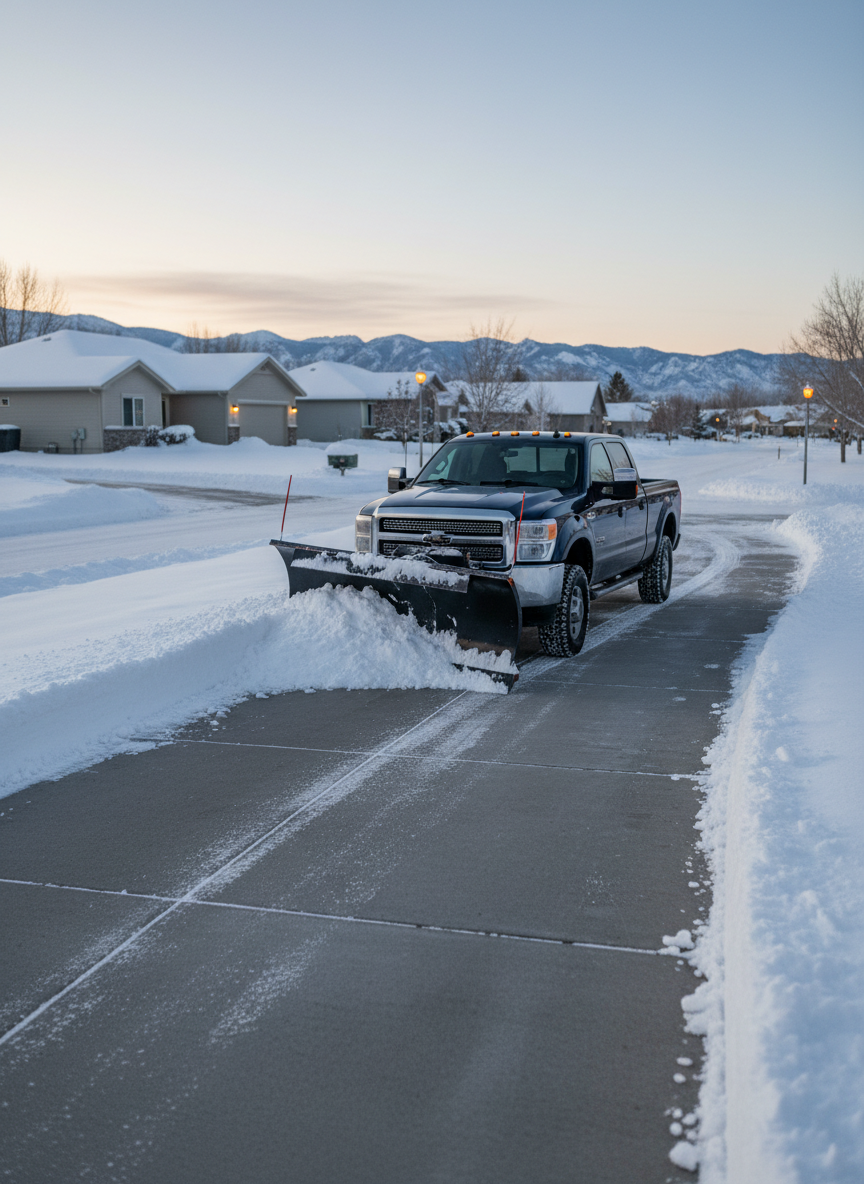 A sturdy pickup with a mounted snowplow blade clearing a residential Missoula driveway at dawn, with a light, fresh snowfall covering surrounding yards and rooftops. The plow leaves a crisp, wet path of exposed concrete, with snow neatly windrowed along the edges of the drive and curb. Streetlights and warm house lights glow faintly in the distance while the sky brightens with cool blue early-morning light. Photographic realism, shot from a low front-corner angle emphasizing the plow blade and the clean line it creates. Fine snow crystals catch the light on the piled banks, adding subtle sparkle. The mood is efficient and dependable, capturing responsive snow removal in a real neighborhood setting.