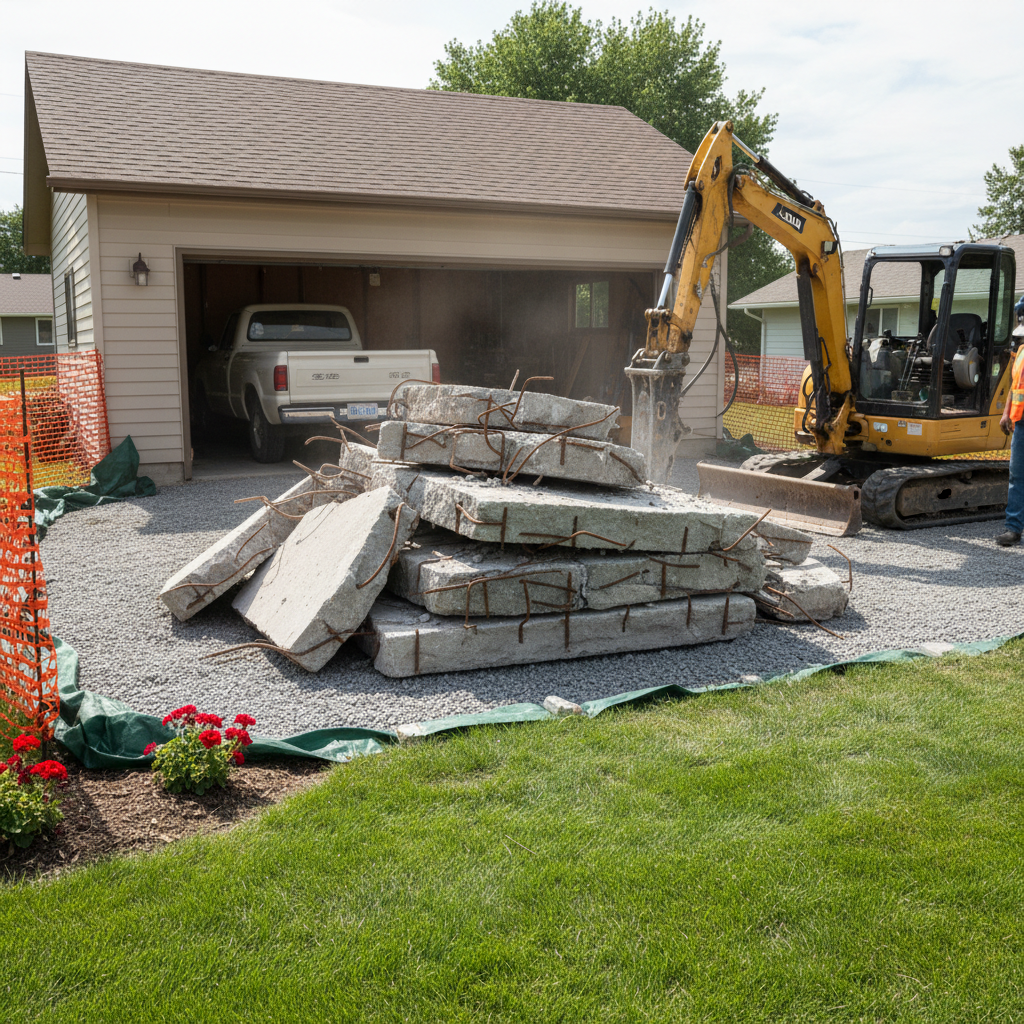 A small, controlled demolition scene where a deteriorated concrete pad is being broken up beside a Missoula garage. Chunks of cracked concrete with visible rebar lie in an organized pile on a compacted gravel base, while a hydraulic breaker attachment rests on a compact excavator nearby. Dust is minimal, with edges of the demolition area clearly defined and protected from the adjacent yard. Bright but diffused midday light evenly illuminates the textures of broken concrete, gravel, and surrounding lawn. Photographic realism, eye-level composition with sharp focus, conveying a sense of careful, simple demolition rather than chaos. The atmosphere is practical and methodical, emphasizing safe, small-scale removal work in a residential context.