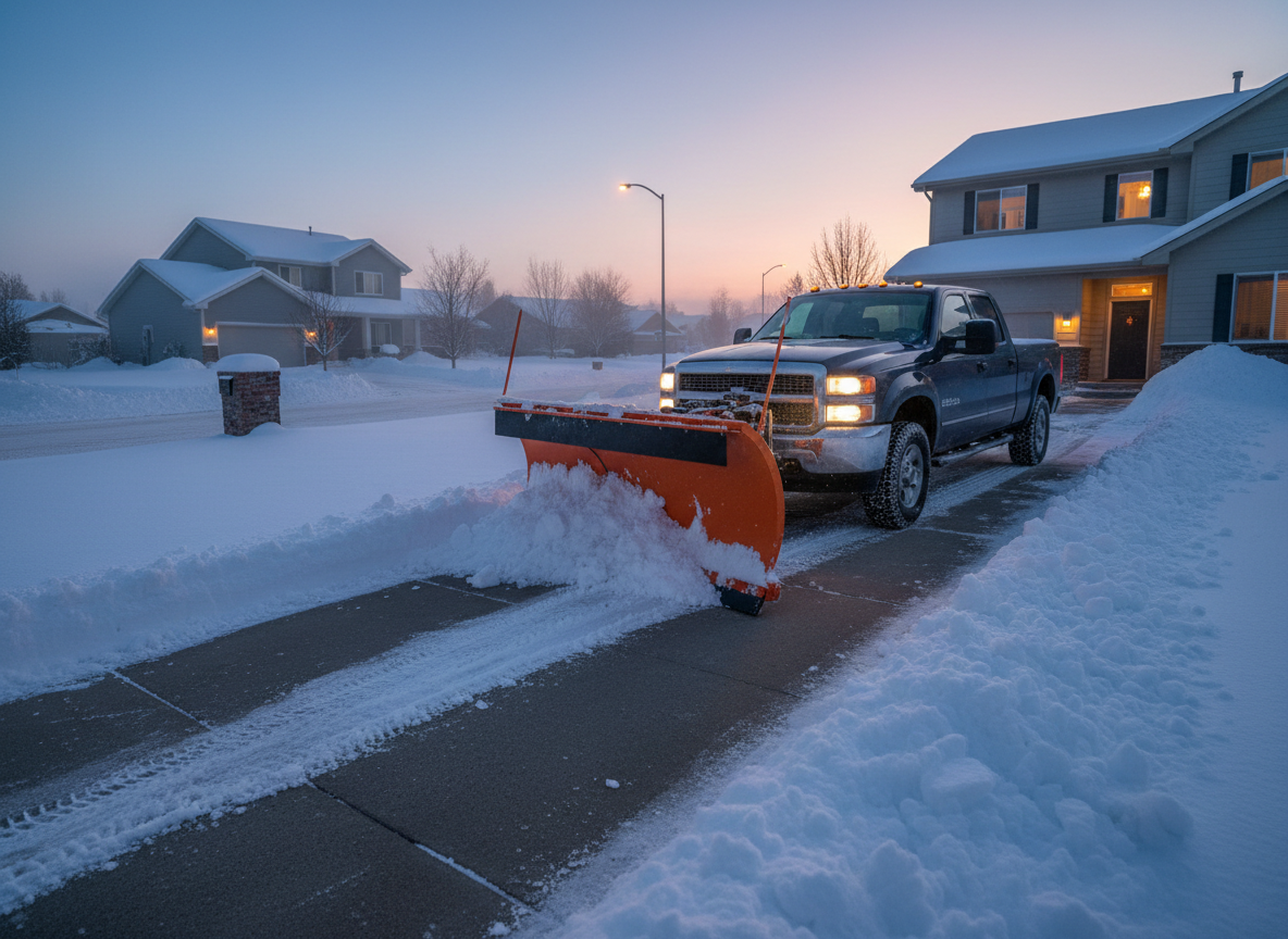A sturdy pickup with a mounted snowplow blade clearing a residential Missoula driveway at dawn, with a light, fresh snowfall covering surrounding yards and rooftops. The plow leaves a crisp, wet path of exposed concrete, with snow neatly windrowed along the edges of the drive and curb. Streetlights and warm house lights glow faintly in the distance while the sky brightens with cool blue early-morning light. Photographic realism, shot from a low front-corner angle emphasizing the plow blade and the clean line it creates. Fine snow crystals catch the light on the piled banks, adding subtle sparkle. The mood is efficient and dependable, capturing responsive snow removal in a real neighborhood setting.