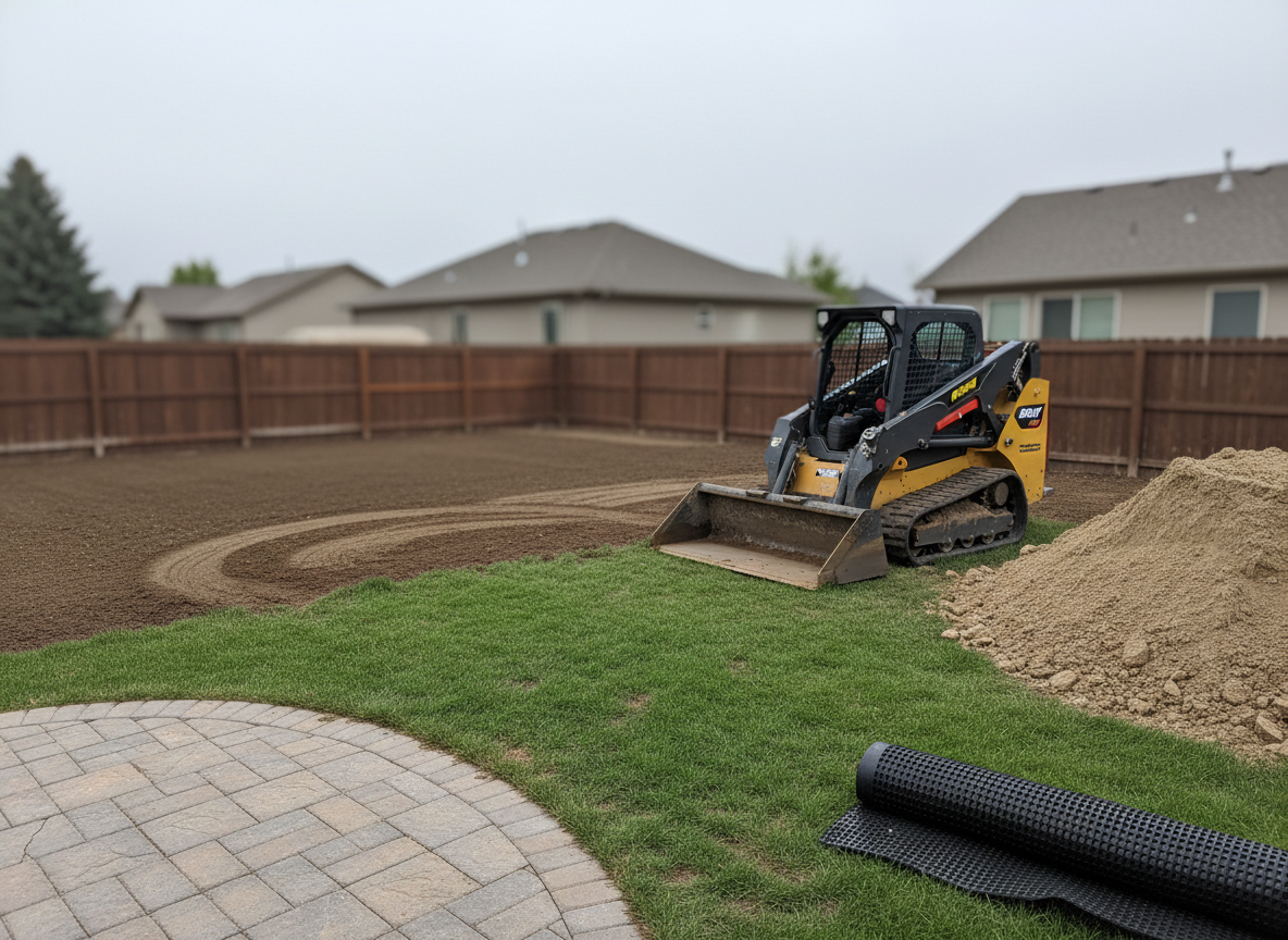 A compact skid-steer with a smooth bucket meticulously restoring a rutted Missoula backyard after utility excavation. The scene shows freshly leveled topsoil transitioning into existing grass, with subtle grading directing water away from a small patio. A nearby pile of clean fill and rolled-out erosion control matting hint at the careful process. Overcast sky provides soft, neutral lighting, reducing contrast and emphasizing the subtle variations in soil texture and grade. Photographic realism, captured from a mid-height, three-quarter angle focusing on the smooth contours of the restored yard. Background homes and fences are gently blurred, maintaining context without distraction. The mood is calm and orderly, highlighting detailed yard repair and finishing work rather than heavy construction.