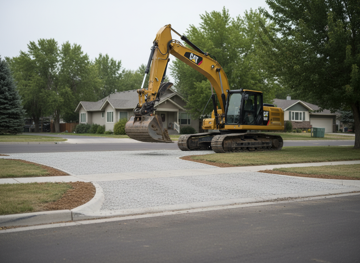 A heavy-duty yellow excavator with a clean, well-maintained bucket paused mid-dig in a residential driveway approach outside a Missoula, Montana home. Freshly graded gravel forms a smooth approach to the street, with compacted sub-base clearly visible along the edges. Early morning overcast light creates even, diffused illumination, minimizing harsh shadows and emphasizing the texture of soil, gravel, and concrete curb. The surrounding yards show mature trees and modest homes in the background, softly blurred. Photographic realism, eye-level composition with a slight wide-angle lens, sharp focus on the excavator and driveway, conveying a professional, reliable atmosphere and the precision of small-scale excavation work in a real neighborhood setting, avoiding any staged or stock look.