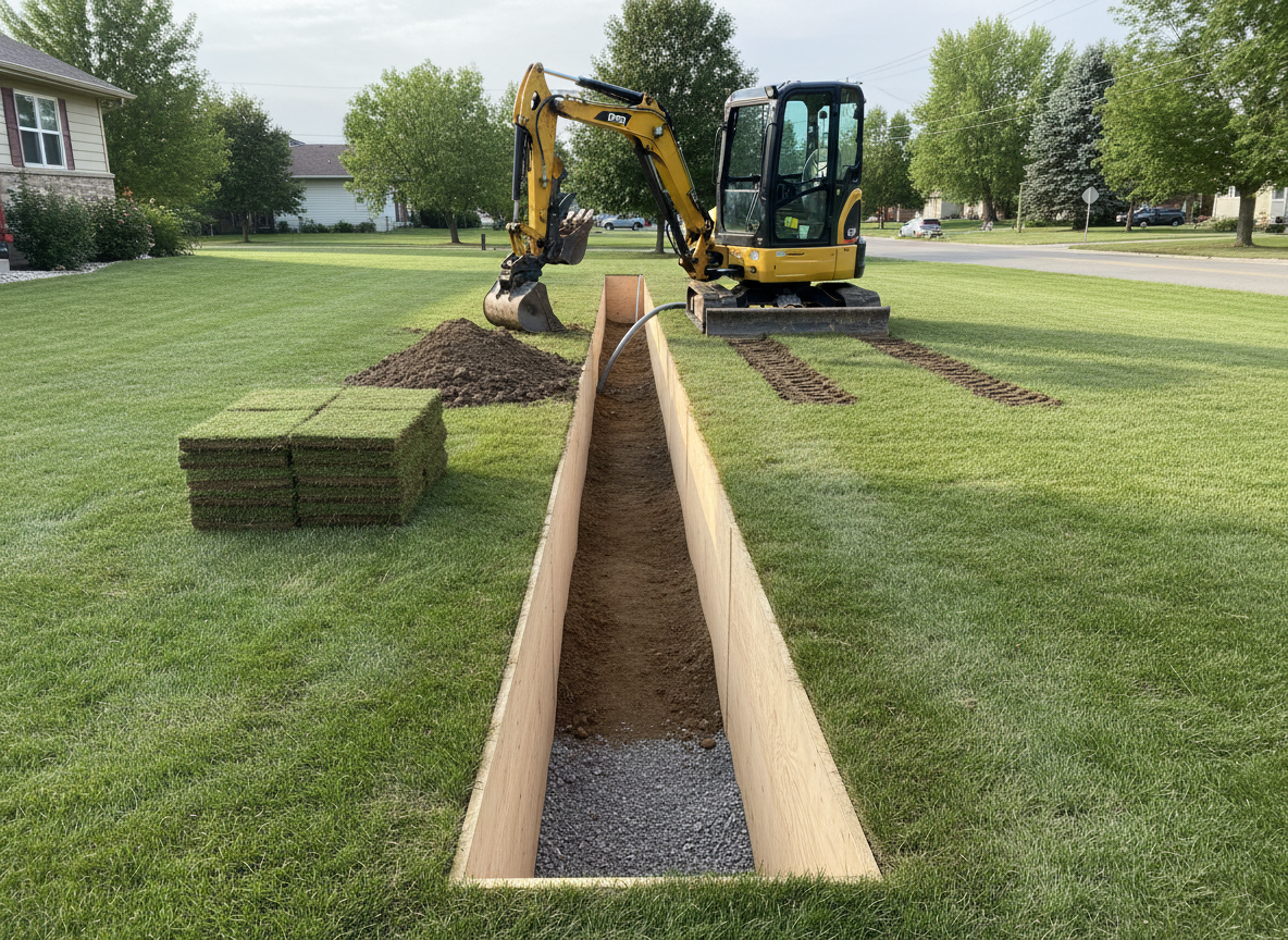 A clean, neatly shored utility trench running straight across a suburban Missoula front yard, exposing tidy layers of soil and carefully placed pipe at the bottom. Compact, modern mini-excavation equipment is parked just beyond the trench, its tracks leaving crisp impressions in the ground. The lawn edges are cut cleanly, with removed sod stacked in an orderly pile ready for repair. Soft afternoon light under high clouds creates gentle, natural shadows that highlight textures without drama. Photographic realism, captured from a slightly elevated angle looking along the trench, with sharp focus throughout. The mood is orderly and competent, emphasizing careful utility excavation and yard protection in a real-world residential environment.