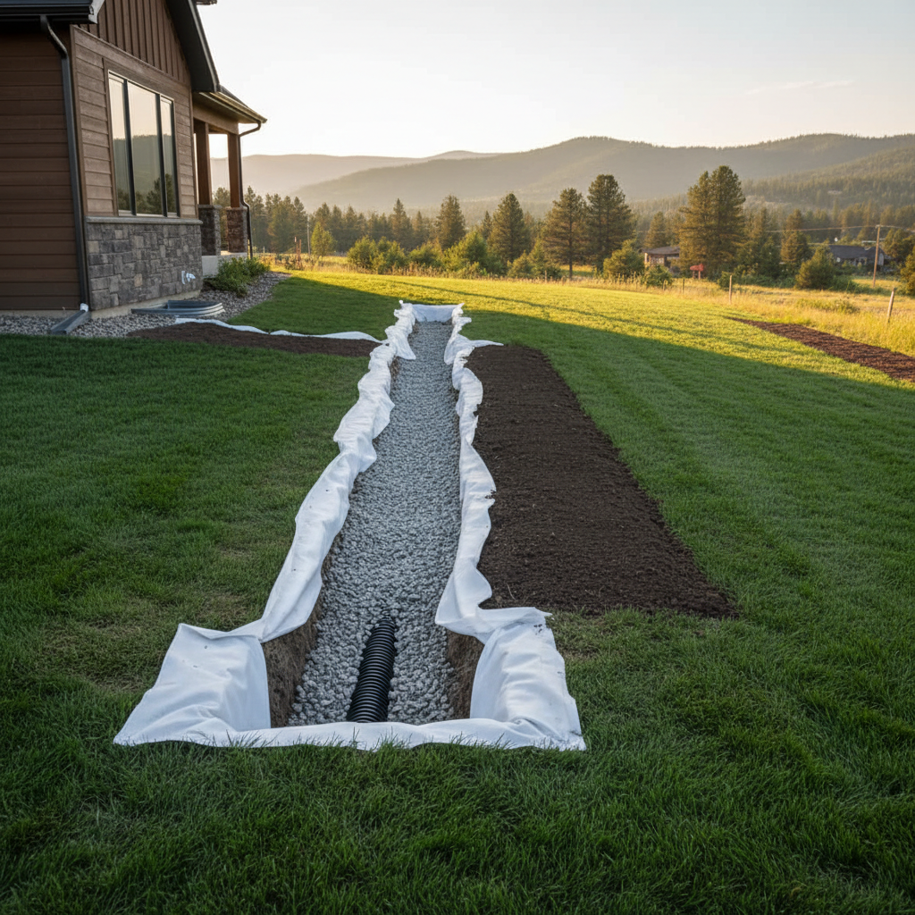 A newly installed drainage solution beside a Missoula home: a precise gravel-filled French drain with dark perforated pipe, clean geotextile fabric edges, and fresh topsoil ready for reseeding. The system follows the gentle slope of the yard away from the foundation, with a subtle swale directing water. In the distance, low forested hills characteristic of western Montana form a soft backdrop. Late afternoon golden light grazes across the ground, emphasizing the contours of the drainage path and the contrast between gravel, soil, and turf. Photographic realism, shot from a low angle along the line of the drain, using rule-of-thirds composition. The atmosphere feels practical and reassuring, showing long-term yard protection through professional drainage work.